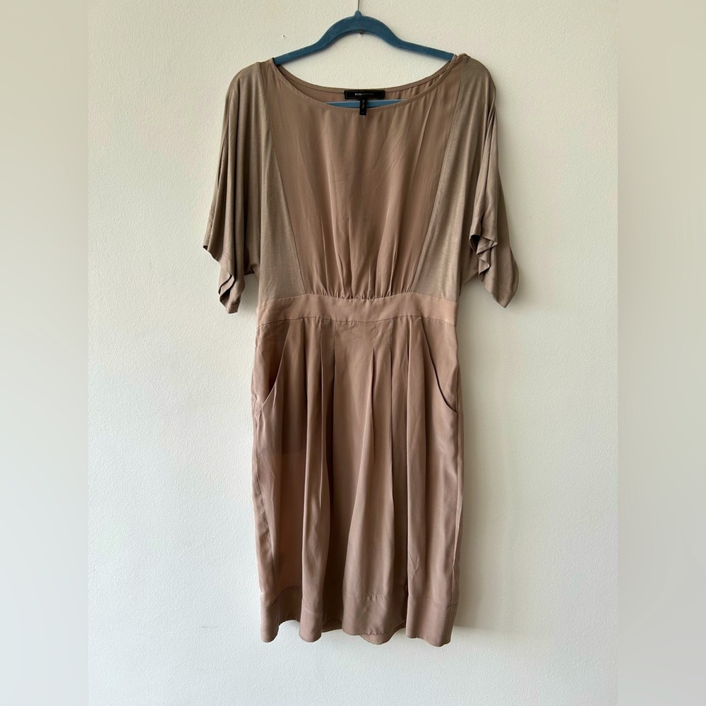 BCBG Maxazria Hazelnut Taupe Silk Short-Sleeve Midi Dress Small 6